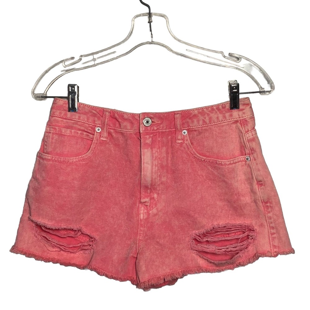 Y2K Forever 21 Coral Mid High Rise Distressed Denim Cutoff Shorts Size 29 Frayed